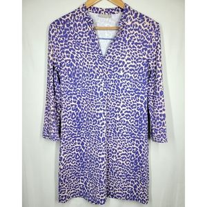 Elie Kai Purple Cream Leopard Print V-Neck Shift Dress 4 3/4 Sleeves Stretchy 4